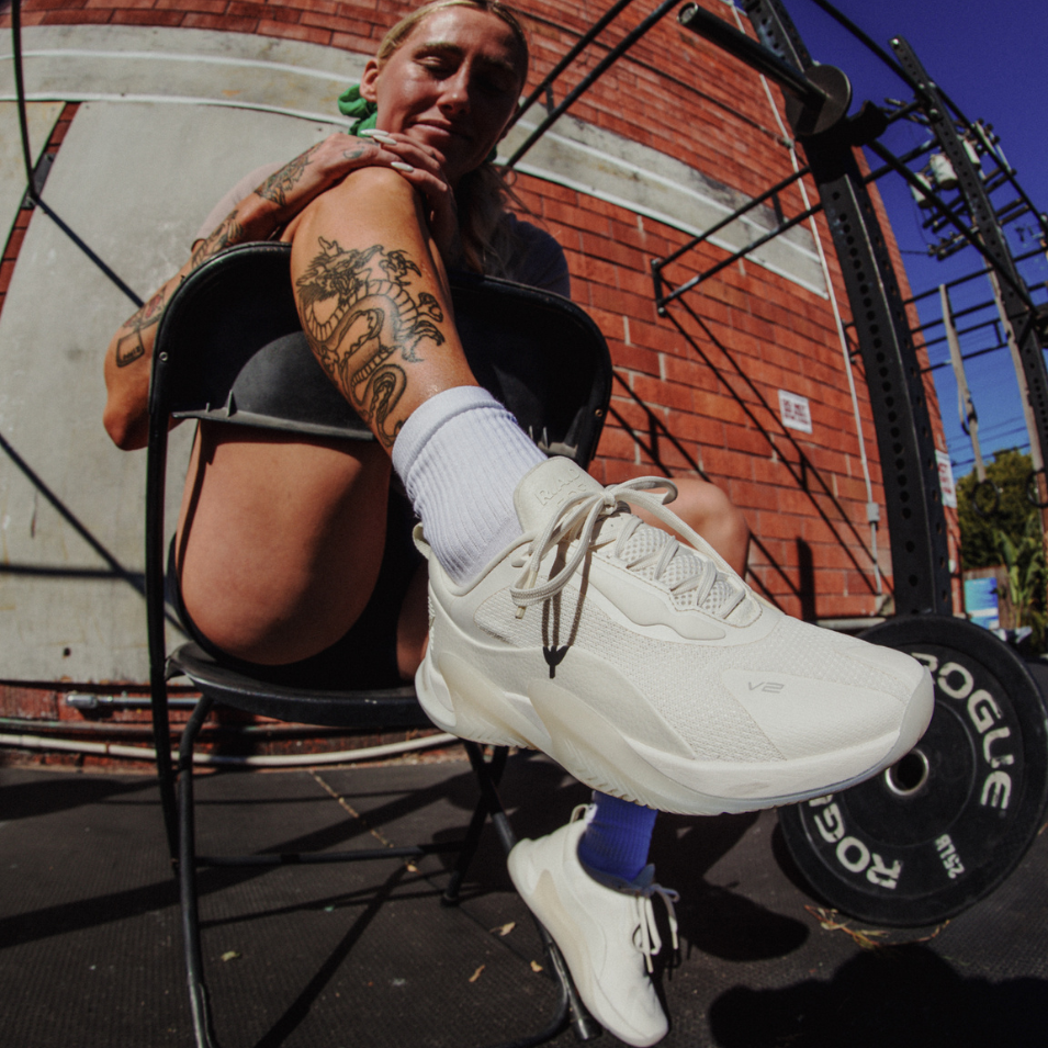 Cream-colored athletic shoes from the R.A.D® ONE V2 3X WHITE collection
